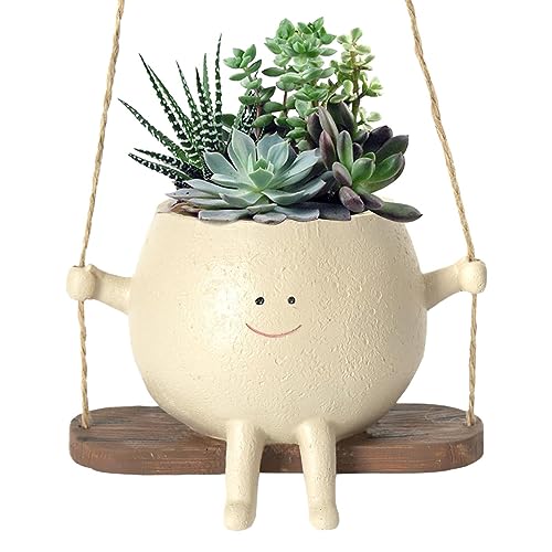 Hängende Blumentöpfe Mit Schaukel Gesicht, Swing Face Übertopf, Übertopf Mit Hängendem Kopf Swing Face Übertopf, Harz Pflanzgefäße Für Draussen Innen, Niedlicher Blumentopf Mit Lächeln-Gesicht von Bitong