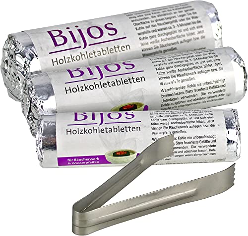 Bijos Holzkohletabletten Set mit Zange und je 10 Stück (1 Rolle) 33, 40 und 50 mm, Premium Räucherkohle aus Bambusholz, schnellzündend von Bitto
