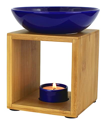 Bitto Duftlampe Malmö Blau mit Kerze, große Schale, Fair Trade, Aromalampe aus Bambusholz und Keramik von Bitto