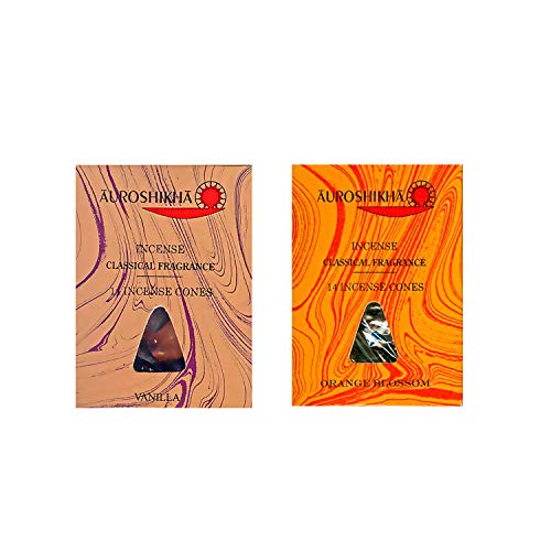 Indische Räucherkegel Auroshikha 2er Set: VANILLE und ORANGE Blossom, je 1 Packung mit 14 Kegel von Bitto