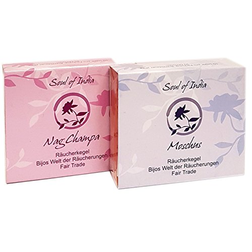 Indische Räucherkegel Soul of India 2er Set: Moschus und Nag Champa, je 1 Packung mit 10 Kegel von Bitto