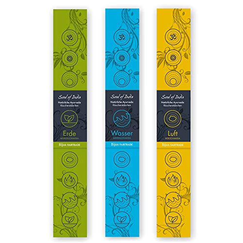 Indische Räucherstäbchen 3er Set Soul of India Fair Trade: Erde, Wasser und Luft, je 1 Packug mit 14 Stäbchen von Bitto