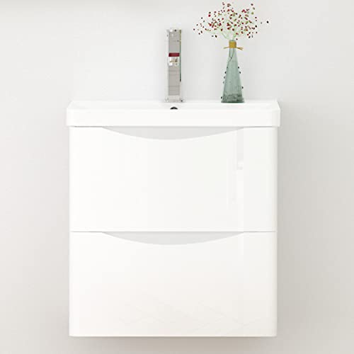 Biubiubath Badmöbel Set Waschtisch mit Unterschrank 50x34,5x50cm(BxTxH), Hängend Hochglänzend Weiß-Unterschrank mit Waschbecken 2xSorft-Close Schublade gefräste Griffe von Biubiubath