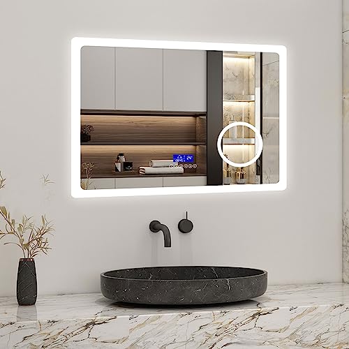 Biubiubath 100x60cm LED Badspiegel mit Bluetooth,Touch und 3X Vergrößernder Kosmetikspiegel,Badspiegel mit Beleuchtung,Beschlagfrei,Badezimmerspiegel mit 3 Lichtfarbe 3000-6000K Dimmbar,IP44 von Biubiubath
