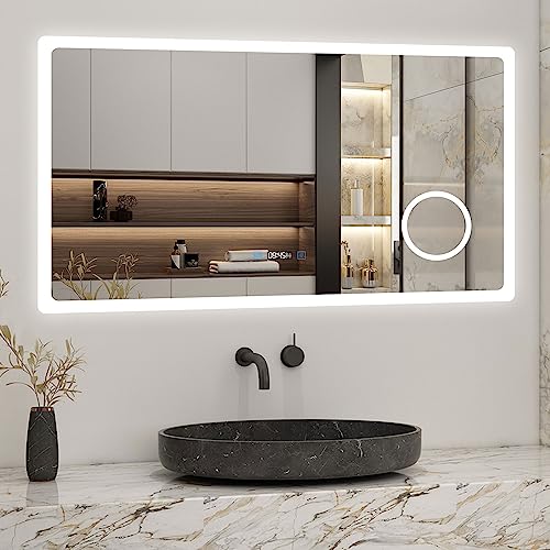 Biubiubath 120x70cm LED Badspiegel mit Uhr,Touch und 3X Vergrößernder Kosmetikspiegel,Badspiegel mit Beleuchtung,Beschlagfrei,Badezimmerspiegel mit 3 Lichtfarbe 2700-6500K Dimmbar,IP44 von Biubiubath