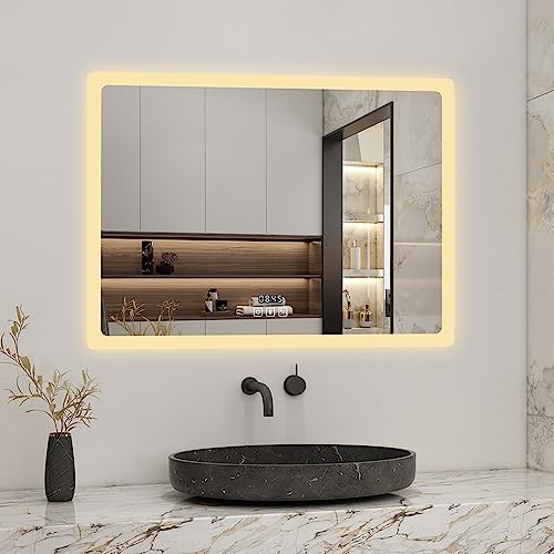 Biubiubath 70x50cm LED Badspiegel mit Bluetooth und Uhr,Badspiegel mit Beleuchtung,Touch,Beschlagfrei,Badezimmerspiegel mit 3 Lichtfarbe 2700-6500K Dimmbar,IP44 von Biubiubath