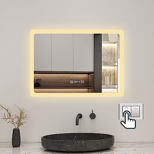 Biubiubath 70x50cm LED Badspiegel mit Uhr,Touch-Schalter,Badspiegel mit Beleuchtung,Beschlagfrei,Badezimmerspiegel mit 3 Lichtfarbe 2700-6500K Dimmbar,IP44 von Biubiubath