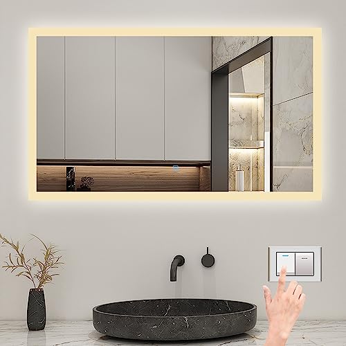 Biubiubath 80x60cm LED Badspiegel mit Wandschalter/Touchschalter,Badspiegel mit Beleuchtung,Beschlagfrei,Badezimmerspiegel mit 3 Lichtfarbe 3000-6000K Dimmbar,IP44 von Biubiubath