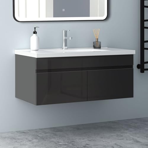 Biubiubath Badezimmer Badmöbel 100cm Keramik Waschtisch mit Unterschrank Hängeschrank Hochglanz Dunkelgrau Badezimmerschränke Badschrank mit 2 Soft-Close Türen von Biubiubath