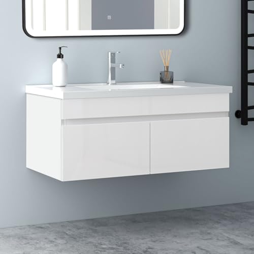 Biubiubath Badezimmer Badmöbel 100cm Keramik Waschtisch mit Unterschrank Hängeschrank Hochglanz Weiß Badezimmerschränke Badschrank mit 2 Soft-Close Türen von Biubiubath