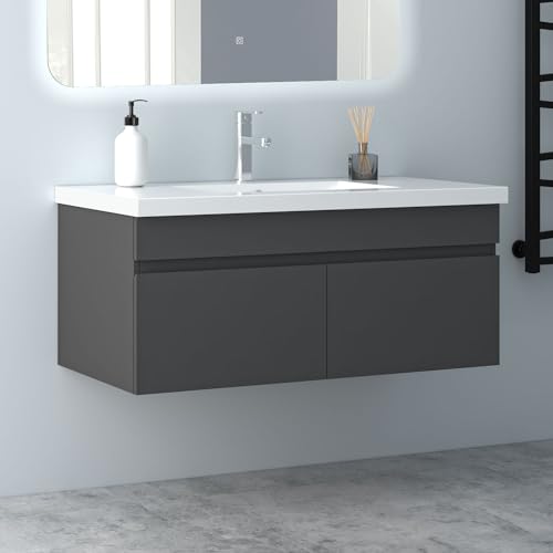 Biubiubath Badezimmer Badmöbel 100cm Mineralguss Waschtisch mit Unterschrank Hängeschrank Dunkelgrau Matt Badezimmerschränke Badschrank mit 2 Soft-Close Türen Biubiubath Badezimmer Badmöbel 100cm Mineralguss Waschtisch mit Unterschrank Hängeschrank Dunkelgrau Matt Badezimmerschränke Badschrank mit 2 Soft-Close Türen von Biubiubath