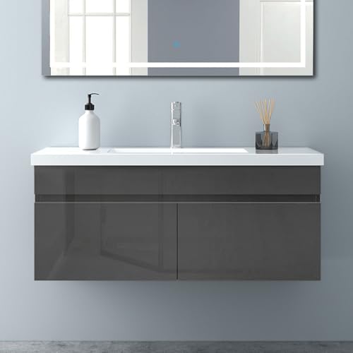 Biubiubath Badezimmer Badmöbel 100cm Mineralguss Waschtisch mit Unterschrank Hängeschrank Hochglanz Dunkelgrau Badezimmerschränke Badschrank mit 2 Soft-Close Türen von Biubiubath