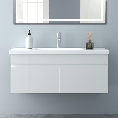 Biubiubath Badezimmer Badmöbel 100cm Mineralguss Waschtisch mit Unterschrank Hängeschrank Hochglanz Weiß Badezimmerschränke Badschrank mit 2 Soft-Close Türen von Biubiubath