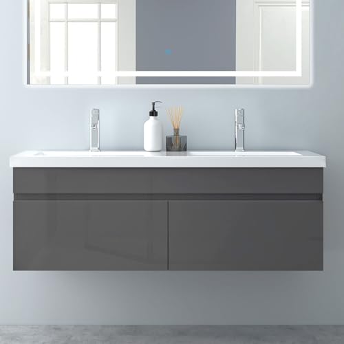 Biubiubath Badezimmer Badmöbel 120cm Mineralguss Waschtisch mit Unterschrank Hängeschrank Hochglanz Dunkelgrau Badezimmerschränke Badschrank mit 2 Soft-Close Türen von Biubiubath