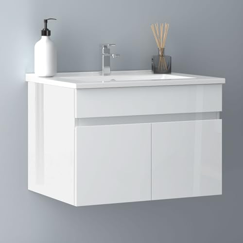 Biubiubath Badezimmer Badmöbel 60cm Dünn Keramik Waschtisch mit Unterschrank Hängeschrank Hochglanz Weiß Badezimmerschränke Badschrank mit 2 Soft-Close Türen von Biubiubath