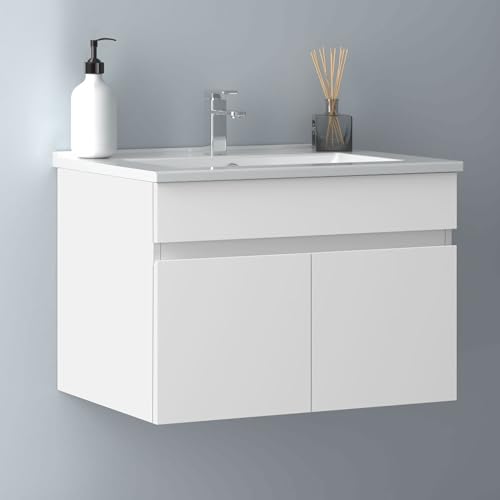 Biubiubath Badezimmer Badmöbel 60cm Dünn Keramik Waschtisch mit Unterschrank Hängeschrank Weiß Matt Badezimmerschränke Badschrank mit 2 Soft-Close Türen von Biubiubath