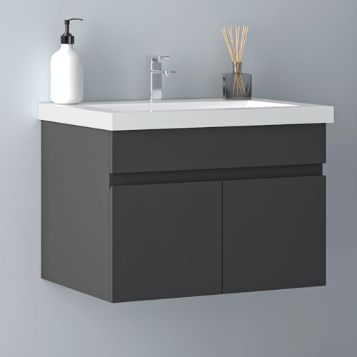 Biubiubath Badezimmer Badmöbel 60cm Mineralguss Waschtisch mit Unterschrank Hängeschrank Dunkelgrau Matt Badezimmerschränke Badschrank mit 2 Soft-Close Türen von Biubiubath