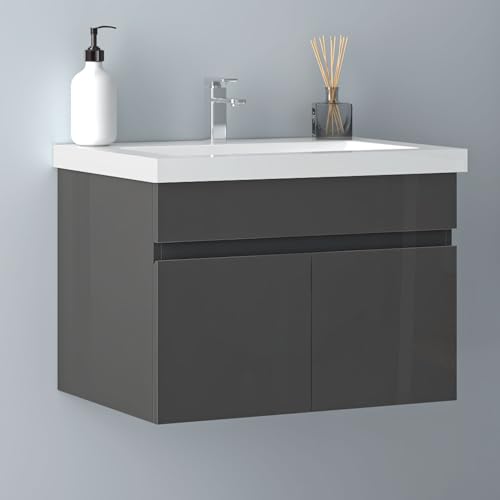 Biubiubath Badezimmer Badmöbel 60cm Mineralguss Waschtisch mit Unterschrank Hängeschrank Hochglanz Dunkelgrau Badezimmerschränke Badschrank mit 2 Soft-Close Türen von Biubiubath