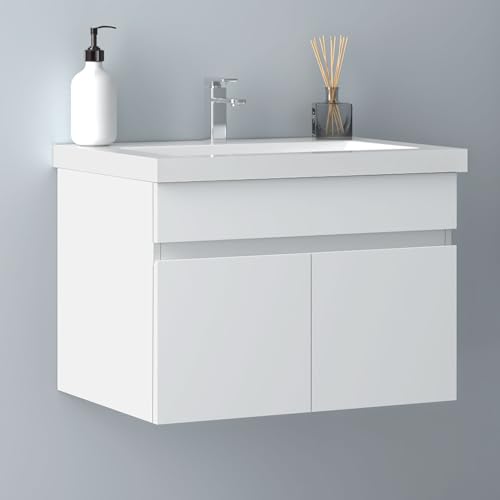 Biubiubath Badezimmer Badmöbel 60cm Mineralguss Waschtisch mit Unterschrank Hängeschrank Weiß Matt Badezimmerschränke Badschrank mit 2 Soft-Close Türen von Biubiubath