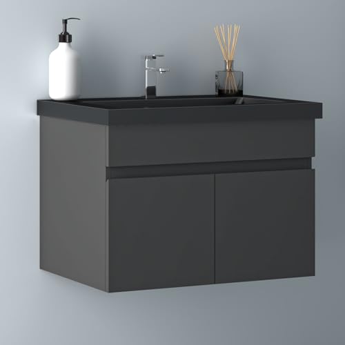 Biubiubath Badezimmer Badmöbel 60cm Schwarz Mineralguss Waschtisch mit Unterschrank Hängeschrank Dunkelgrau Matt Badezimmerschränke Badschrank mit 2 Soft-Close Türen von Biubiubath