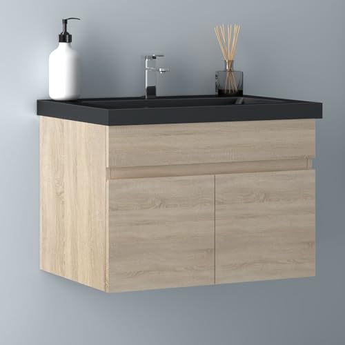 Biubiubath Badezimmer Badmöbel 60cm Schwarz Mineralguss Waschtisch mit Unterschrank Hängeschrank Eiche Matt Badezimmerschränke Badschrank mit 2 Soft-Close Türen von Biubiubath
