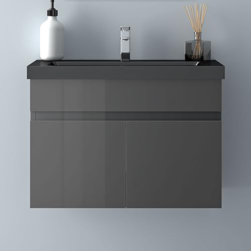 Biubiubath Badezimmer Badmöbel 60cm Schwarz Mineralguss Waschtisch mit Unterschrank Hängeschrank Hochglanz Dunkelgrau Badezimmerschränke Badschrank mit 2 Soft-Close Türen von Biubiubath