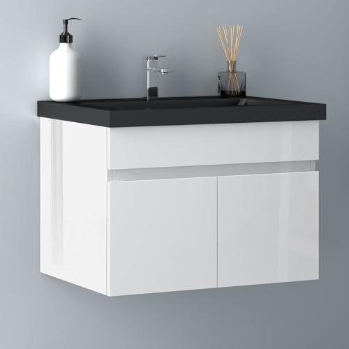 Biubiubath Badezimmer Badmöbel 60cm Schwarz Mineralguss Waschtisch mit Unterschrank Hängeschrank Hochglanz Weiß Badezimmerschränke Badschrank mit 2 Soft-Close Türen von Biubiubath