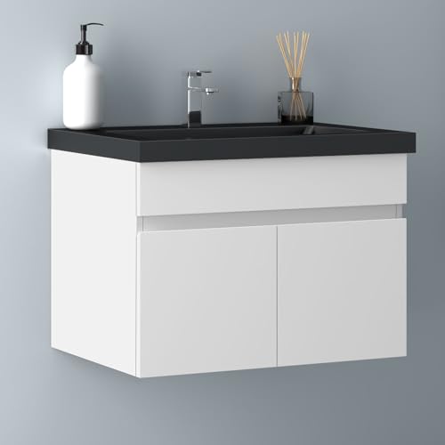 Biubiubath Badezimmer Badmöbel 60cm Schwarz Mineralguss Waschtisch mit Unterschrank Hängeschrank Weiß Matt Badezimmerschränke Badschrank mit 2 Soft-Close Türen von Biubiubath