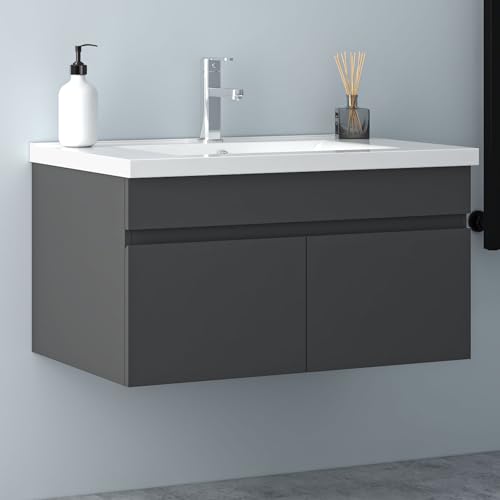 Biubiubath Badezimmer Badmöbel 80cm Keramik Waschtisch mit Unterschrank Hängeschrank Dunkelgrau Matt Badezimmerschränke Badschrank mit 2 Soft-Close Türen von Biubiubath