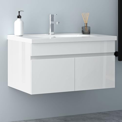 Biubiubath Badezimmer Badmöbel 80cm Keramik Waschtisch mit Unterschrank Hängeschrank Hochglanz Weiß Badezimmerschränke Badschrank mit 2 Soft-Close Türen von Biubiubath