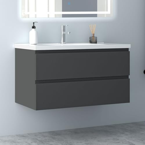 Biubiubath Badezimmermöbel 100cm Keramik Waschtisch mit Unterschrank Badmöbel Set Badezimmerschränke mit 2 Soft-Close Schubladen Dunkelgrau Matt von Biubiubath