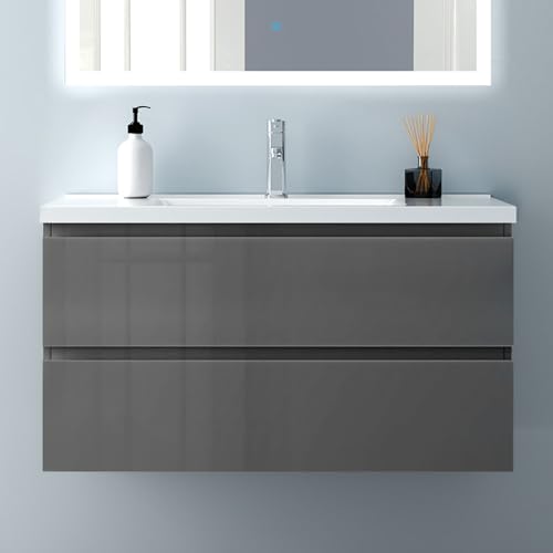 Biubiubath Badezimmermöbel 100cm Keramik Waschtisch mit Unterschrank Badmöbel Set Badezimmerschränke mit 2 Soft-Close Schubladen Hochglanz Dunkelgrau Biubiubath Badezimmermöbel 100cm Keramik Waschtisch mit Unterschrank Badmöbel Set Badezimmerschränke mit 2 Soft-Close Schubladen Hochglanz Dunkelgrau von Biubiubath