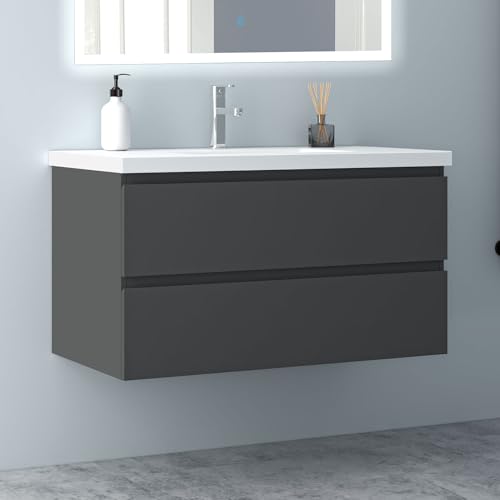 Biubiubath Badezimmermöbel 100cm Mineralguss Waschtisch mit Unterschrank Badmöbel Set Badezimmerschränke mit 2 Soft-Close Schubladen Dunkelgrau Matt von Biubiubath