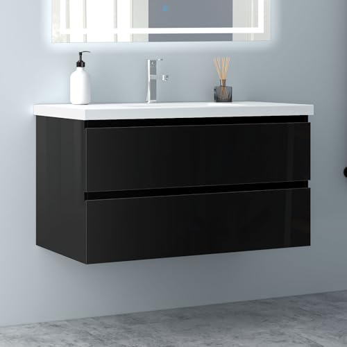 Biubiubath Badezimmermöbel 100cm Mineralguss Waschtisch mit Unterschrank Badmöbel Set Badezimmerschränke mit 2 Soft-Close Schubladen Hochglanz Schwarz von Biubiubath