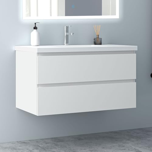 Biubiubath Badezimmermöbel 100cm Mineralguss Waschtisch mit Unterschrank Badmöbel Set Badezimmerschränke mit 2 Soft-Close Schubladen Weiß Matt von Biubiubath
