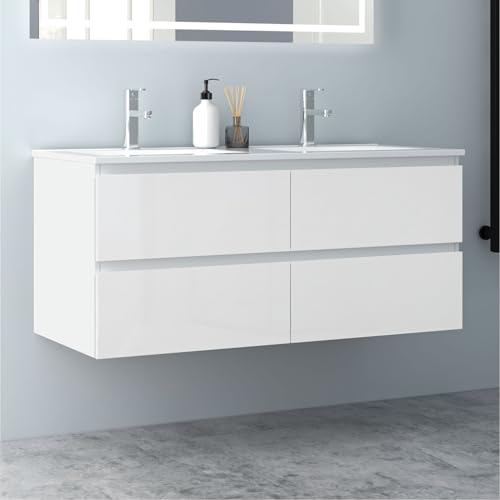 Biubiubath Badezimmermöbel 120cm Keramik Waschtisch mit Unterschrank Badmöbel Set Badezimmerschränke mit 2 Soft-Close Schubladen Hochglanz Weiß von Biubiubath
