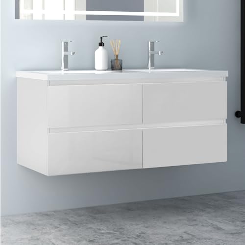 Biubiubath Badezimmermöbel 120cm Mineralguss Waschtisch mit Unterschrank Badmöbel Set Badezimmerschränke mit 2 Soft-Close Schubladen Hochglanz Weiß von Biubiubath
