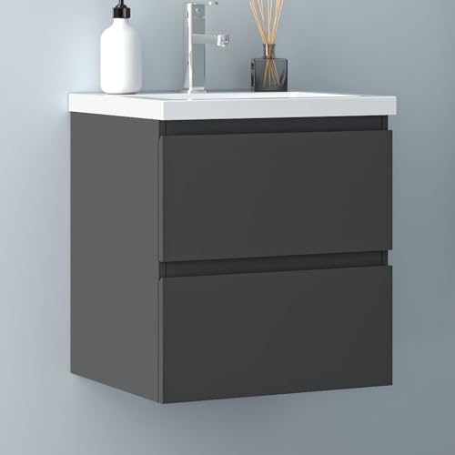 Biubiubath Badezimmermöbel 50cm Keramik Waschtisch mit Unterschrank Badmöbel Set Badezimmerschränke mit 2 Soft-Close Schubladen Dunkelgrau Matt von Biubiubath