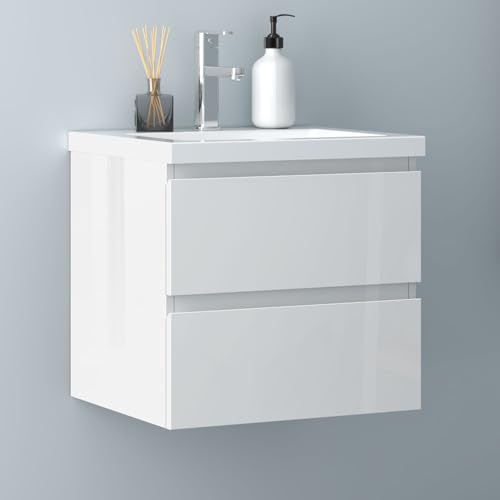 Biubiubath Badezimmermöbel 50cm Keramik Waschtisch mit Unterschrank Badmöbel Set Badezimmerschränke mit 2 Soft-Close Schubladen Hochglanz Weiß von Biubiubath