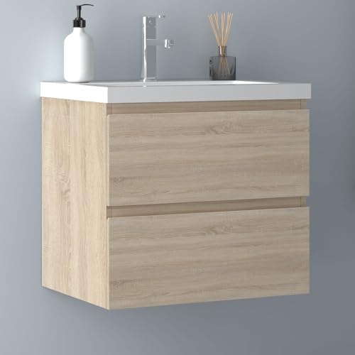 Biubiubath Badezimmermöbel 60cm Dickes Keramik Waschtisch mit Unterschrank Badmöbel Set Badezimmerschränke mit 2 Soft-Close Schubladen Eiche Matt von Biubiubath