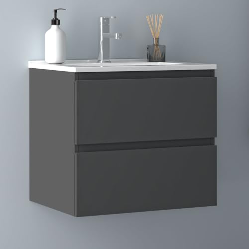 Biubiubath Badezimmermöbel 60cm Dünn Keramik Waschtisch mit Unterschrank Badmöbel Set Badezimmerschränke mit 2 Soft-Close Schubladen Dunkelgrau Matt Biubiubath Badezimmermöbel 60cm Dünn Keramik Waschtisch mit Unterschrank Badmöbel Set Badezimmerschränke mit 2 Soft-Close Schubladen Dunkelgrau Matt von Biubiubath