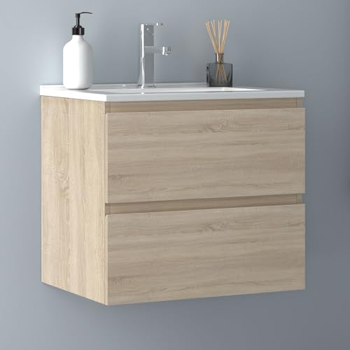Biubiubath Badezimmermöbel 60cm Dünn Keramik Waschtisch mit Unterschrank Badmöbel Set Badezimmerschränke mit 2 Soft-Close Schubladen Eiche Matt von Biubiubath