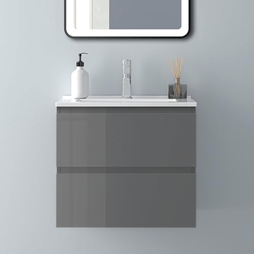 Biubiubath Badezimmermöbel 60cm Dünn Keramik Waschtisch mit Unterschrank Badmöbel Set Badezimmerschränke mit 2 Soft-Close Schubladen Hochglanz Dunkelgrau von Biubiubath