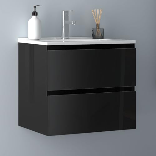 Biubiubath Badezimmermöbel 60cm Dünn Keramik Waschtisch mit Unterschrank Badmöbel Set Badezimmerschränke mit 2 Soft-Close Schubladen Hochglanz Schwarz von Biubiubath