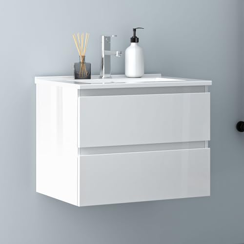 Biubiubath Badezimmermöbel 60cm Dünn Keramik Waschtisch mit Unterschrank Badmöbel Set Badezimmerschränke mit 2 Soft-Close Schubladen Hochglanz Weiß von Biubiubath