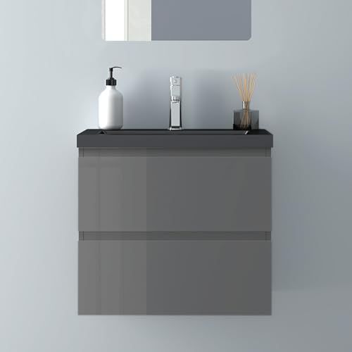Biubiubath Badezimmermöbel 60cm Schwarz Mineralguss Waschtisch mit Unterschrank Badmöbel Set Badezimmerschränke mit 2 Soft-Close Schubladen Hochglanz Dunkelgrau von Biubiubath