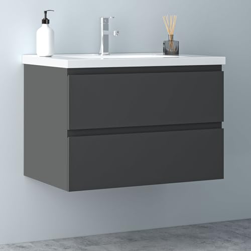 Biubiubath Badezimmermöbel 80cm Keramik Waschtisch mit Unterschrank Badmöbel Set Badezimmerschränke mit 2 Soft-Close Schubladen Dunkelgrau Matt von Biubiubath