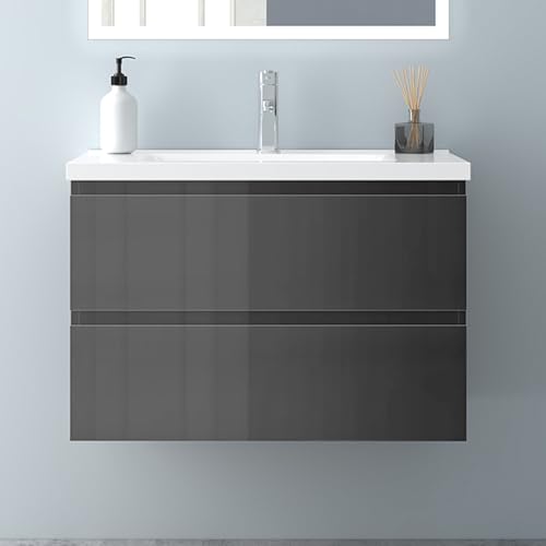 Biubiubath Badezimmermöbel 80cm Keramik Waschtisch mit Unterschrank Badmöbel Set Badezimmerschränke mit 2 Soft-Close Schubladen Hochglanz Dunkelgrau von Biubiubath