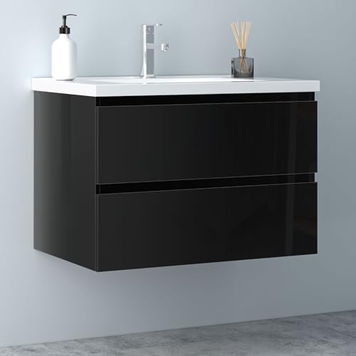 Biubiubath Badezimmermöbel 80cm Keramik Waschtisch mit Unterschrank Badmöbel Set Badezimmerschränke mit 2 Soft-Close Schubladen Hochglanz Schwarz von Biubiubath