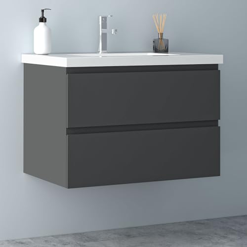 Biubiubath Badezimmermöbel 80cm Mineralguss Waschtisch mit Unterschrank Badmöbel Set Badezimmerschränke mit 2 Soft-Close Schubladen Dunkelgrau Matt von Biubiubath